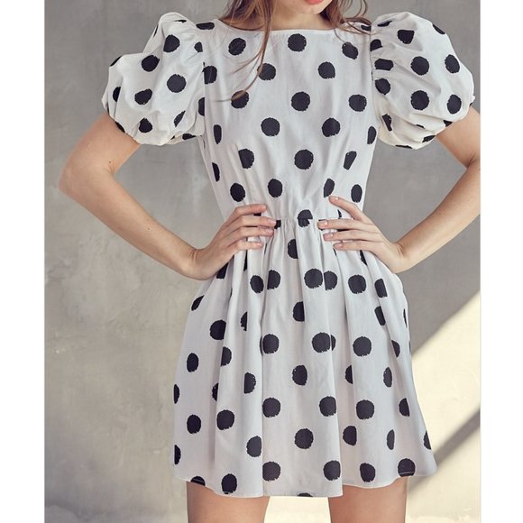 IDEM DITTO Linen Blend Polka Dot Mini Dress with Puff Sleeves - Picture 1 of 5